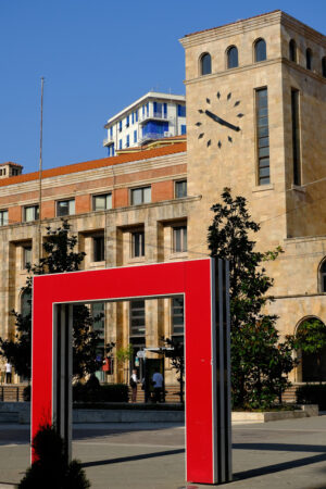 Daniel Buren, La Spezia. Tower with clock and red doors in the square. Stock photos. - MyVideoimage.com | Foto stock & Video footage