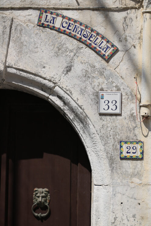 Detail of an arched door with glazed ceramic decorations and pla - MyVideoimage.com