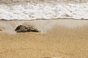 Detail of yellow ocher beach with sea wave. The water is fringed on a semi-stone submerged in the sand. - MyVideoimage.com