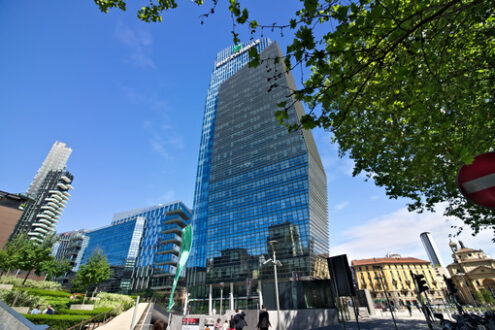 Diamond tower Milan, modern buildings with curtain wall facade. - MyVideoimage.com | Foto stock & Video footage