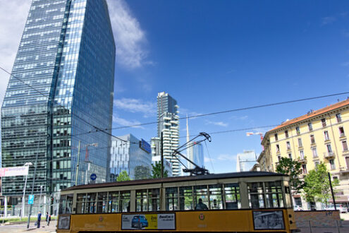 Diamond tower Milan. Modern buildings, skyscrapers, roads and traffic in Milano. - MyVideoimage.com | Foto stock & Video footage