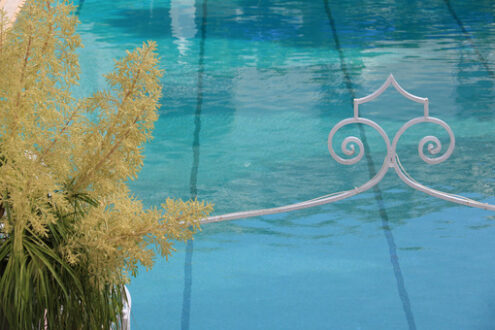 Dracaena flowers. Swimming pool with blue water. Dracaena flower and  wrought iron ornament. - MyVideoimage.com | Foto stock & Video footage