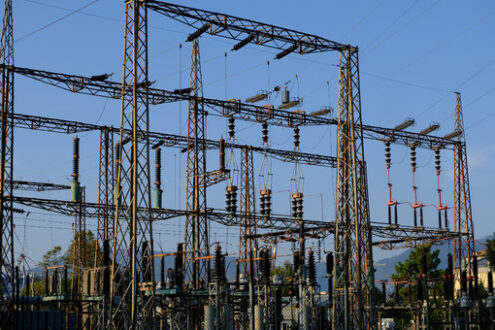 Electric power pylon. High voltage electrical pylons.  Stock photos. - MyVideoimage.com | Foto stock & Video footage