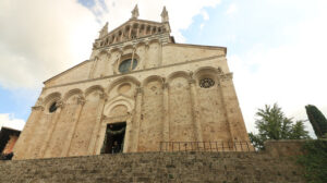 Facade of the Cathedral of San Cerbone in Massa Marittima. The church located in Piazza Garibaldi is in Romanesque and Gothic style. - MyVideoimage.com