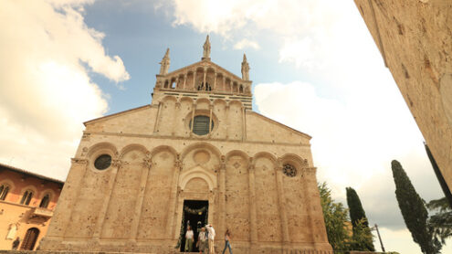 Facade of the Cathedral of San Cerbone in Massa Marittima. The church located in Piazza Garibaldi is in Romanesque and Gothic style. - MyVideoimage.com