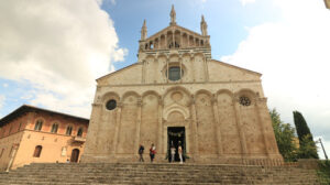 Facade of the Cathedral of San Cerbone in Massa Marittima. The church located in Piazza Garibaldi is in Romanesque and Gothic style. - MyVideoimage.com