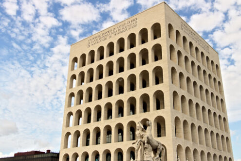 Fendi palace Rome EUR. Palace of Italian Civilization built in Rome EUR. Fendi exhibition. Roma foto. - MyVideoimage.com | Foto stock & Video footage