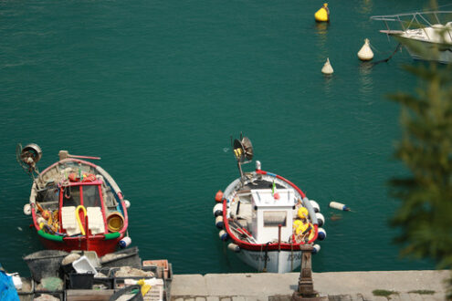 Fishing boats in Lerici. Colorful fishing boats moored at the harbor. View from above. - MyVideoimage.com | Foto stock & Video footage