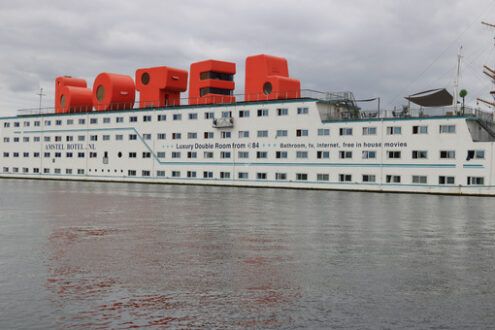 Floating hotel in Amsterdam NDSM. The BOTEL ship is moored . Foto navi. Ships photo.