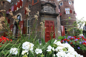 Flower garden in the city center. In the background an ancient b - MyVideoimage.com