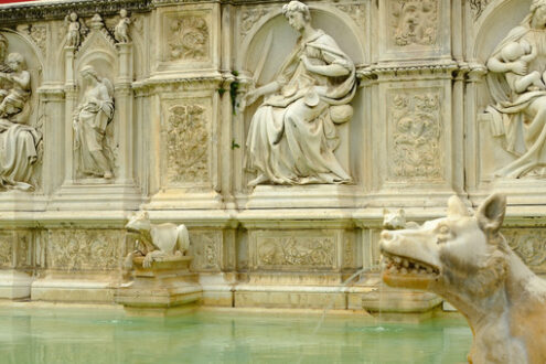 Fonte Gaia fountain in Siena. Reliefs carved in marble on originals by Jacopo della Quercia in Piazza del Campo. - MyVideoimage.com | Foto stock & Video footage