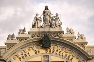 Fronton of the building of the Port of Barcelona. - MyVideoimage.com