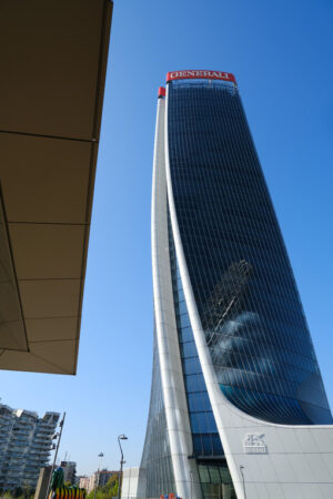 Generali Milan.  Tower of Zaha Hadid Studio. Assicurazioni Generali tower of Zaha Hadid, a complex of three towers. Milan.CityLife includes three skyscrapers and pedestrian areas with greenery. - MyVideoimage.com | Foto stock & Video footage