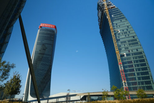 Grattacielo Generali Milano. Assicurazioni Generali tower and Libeskind tower of PwC. Three towers. Milan. CityLife includes three skyscrapers and pedestrian areas with greenery. - MyVideoimage.com | Foto stock & Video footage