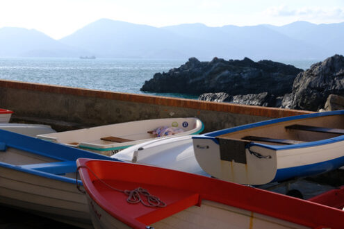 Gulf of poets. Boats in the village of Tellaro. In the background the sea of the Gulf of poets of La Spezia. - MyVideoimage.com | Foto stock & Video footage