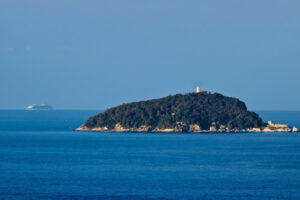 Isola del Tino and in the distance the Oasis of the Seas cruise ship. - MyVideoimage.com