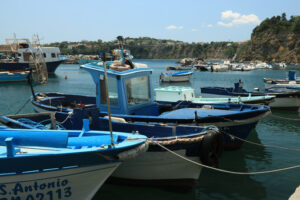 Isole golfo di Napoli. Boats anchored in the port of Corricella on the Island of Procid - MyVideoimage.com | Foto stock & Video footage