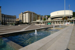 La Spezia Italy. Cathedral and fountain of piazza Europa. Stock photos. - MyVideoimage.com | Foto stock & Video footage