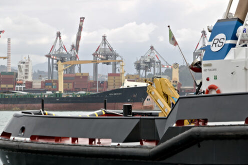 La Spezia, Liguria, Italy. 03/17/2019. Merchant port of La Spezia in Liguria. In the foreground a Coast Guard boat - MyVideoimage.com