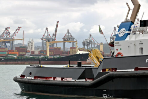 La Spezia, Liguria, Italy. 03/17/2019. Merchant port of La Spezia in Liguria. In the foreground a Coast Guard boat - MyVideoimage.com