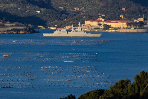 La Spezia, Liguria, Italy. 03/27/2019. Italian military ship D554, Caio Duilio. Foto navi. Ships photo.