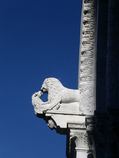 Lucca, Tuscany, Italy. White marble decorations at the Duomo. - MyVideoimage.com