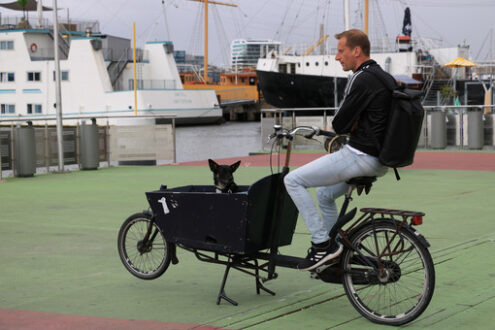 Man and black dog on a bicycle await the ferry. - MyVideoimage.com