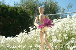 Manichino con fiori. Wooden mannequin carries flowers of red daisies and white cerastium. Mediterranean garden in bloom on the Ligurian coast. - MyVideoimage.com | Foto stock & Video footage