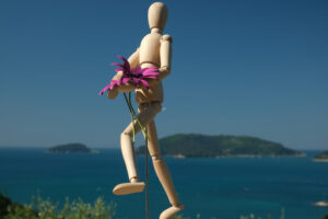 Mannequin with flowers. Wooden mannequin carries flowers of red daisies. Ligurian sea with islands of the Gulf of La Spezia and model. - MyVideoimage.com | Foto stock & Video footage