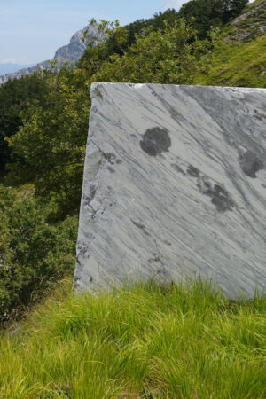 Marble block on the lawn. Block of white veined marble resting on a green lawn in the Apuan Alps. Stock photos. - MyVideoimage.com | Foto stock & Video footage