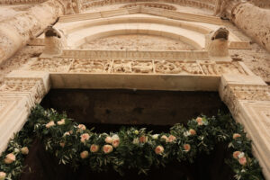 Marble portal of the Massa Marittima church with sculptures. Dec - MyVideoimage.com