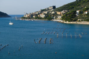 Mare di Portovenere. Panorama vicino alle Cinque Terre alla luce dell’alba. La baia con l’allevamento di mitili. - MyVideoimage.com | Foto stock & Video footage