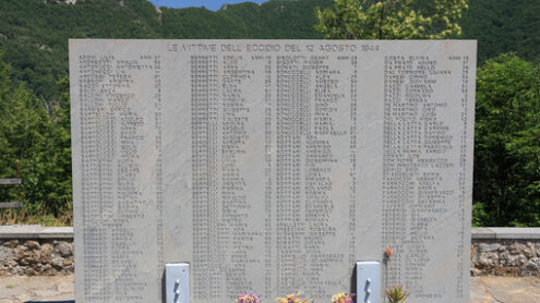 Massacre of Stazzema. Ossuary monument of Sant’Anna di Stazzema. Nazi massacre of 12 August 1944.  Plaque with the list of victims of the massacre. - MyVideoimage.com | Foto stock & Video footage