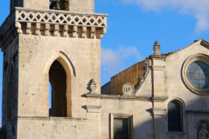 Matera church. Church of San Pietro Caveoso in Matera.Detail of the facade built in tuff blocks. - MyVideoimage.com | Foto stock & Video footage