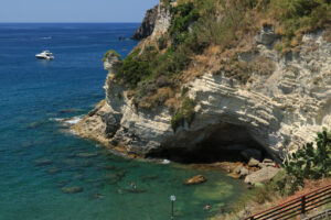 Mediterranean sea with yacht and cliff. Natural panorama of the - MyVideoimage.com