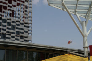 Milan fair. Exhibition pavilions at the Milan Rho Pero fair. Steel buildings with colored facades. - MyVideoimage.com | Foto stock & Video footage