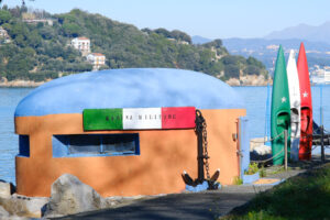 Military bunker. Portovenere. Reinforced concrete bunker converted for sports and recreational use. Canoes of the Italian Navy - MyVideoimage.com | Foto stock & Video footage