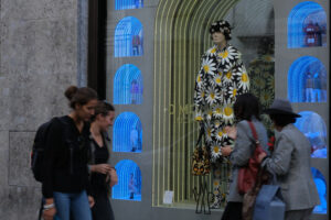 Moncler boutique  Milan with shop windows on Via Montenapoleone in Mil - MyVideoimage.com | Foto stock & Video footage