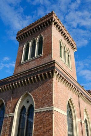 Neo-Gothic tower. Textile Museum in Busto Arsizio. Neo-Gothic construction in terracotta bricks with turrets and ogival windows. Foto Busto Arsizio photo