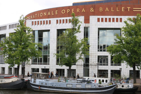 Opera house with marble and brick façade overlooking the Amstel - MyVideoimage.com