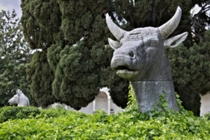 Ox head, sculpture in Rome. Ox head in Michelangelo’s cloister in Rome. - MyVideoimage.com | Foto stock & Video footage