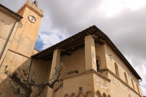 Palazzo toscano. Palazzo del Podestà con campanile e stemmi nobiliari. Magliano in Toscana, Maremma. - MyVideoimage.com | Foto stock & Video footage