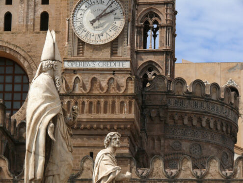 Palermo, Sicily, Italy. Sculptures in white marble at the cathedral. - MyVideoimage.com