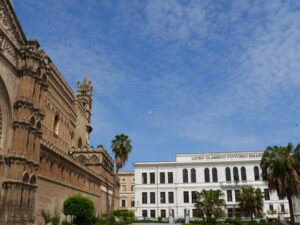 Palermo, Sicily, Italy.  Vittorio Emanuele II Classical High School and the cathedral. - MyVideoimage.com