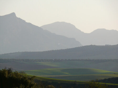 Panorama of mountains and valleys near Ronda, Spain.