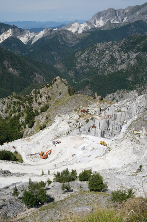 Panorama of the Carrara marble quarries on the Apuan Alps in Tuscany.