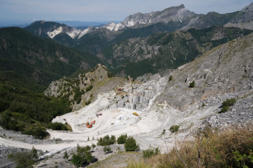 Marble quarry. Panorama of the Carrara marble quarries on the Apuan Alps in Tuscany. Stock photos.