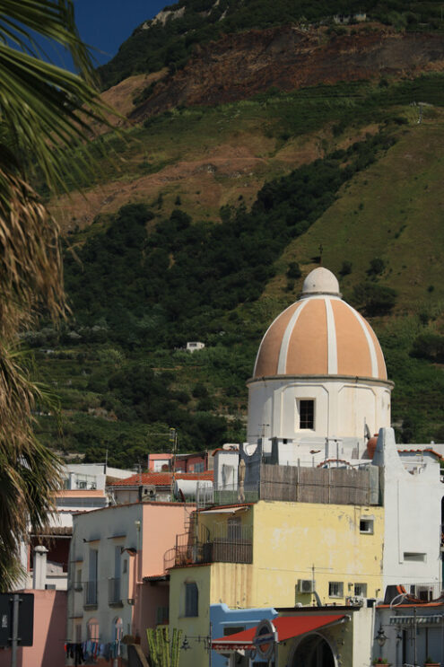 Panorama of the town of Forio d’Ischia, near Naples. 	Dome of the church of San Gaetano. The mountain and the blue sky. - MyVideoimage.com