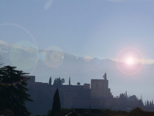 Panoramic view of the Alhambra and the mountains. - MyVideoimage.com