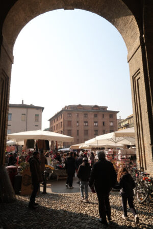 People at the Parma market in Piazza della Pace. Brick arch of the Palazzo della Pilotta. - MyVideoimage.com